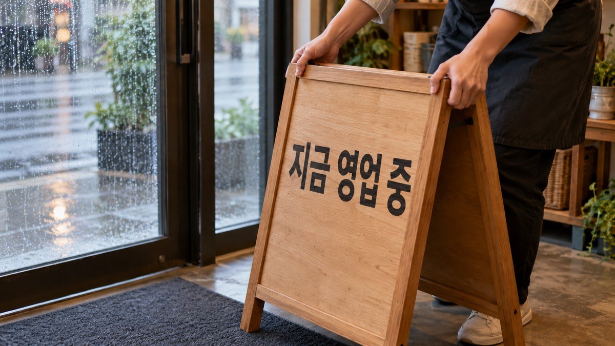 비 오는 날 가게 안내를 정리하는 모습(AI로 만든 설명용 장면)