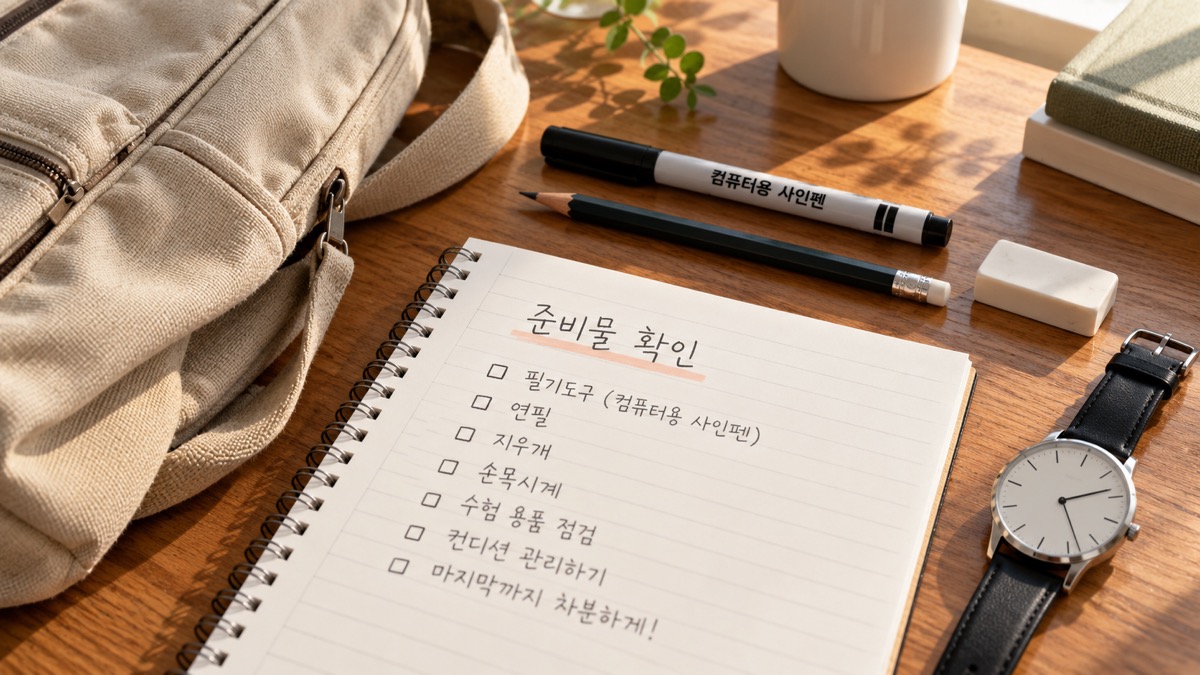 가방 옆에 필기구와 아날로그 손목시계, 준비물 확인 수첩을 놓은 모습