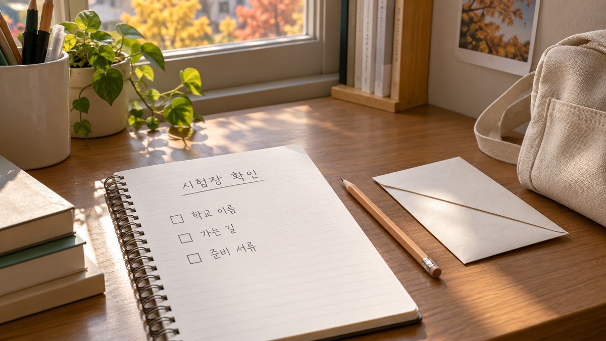 학교 이름·가는 길·준비 서류를 적은 수첩과 봉투를 놓은 모습