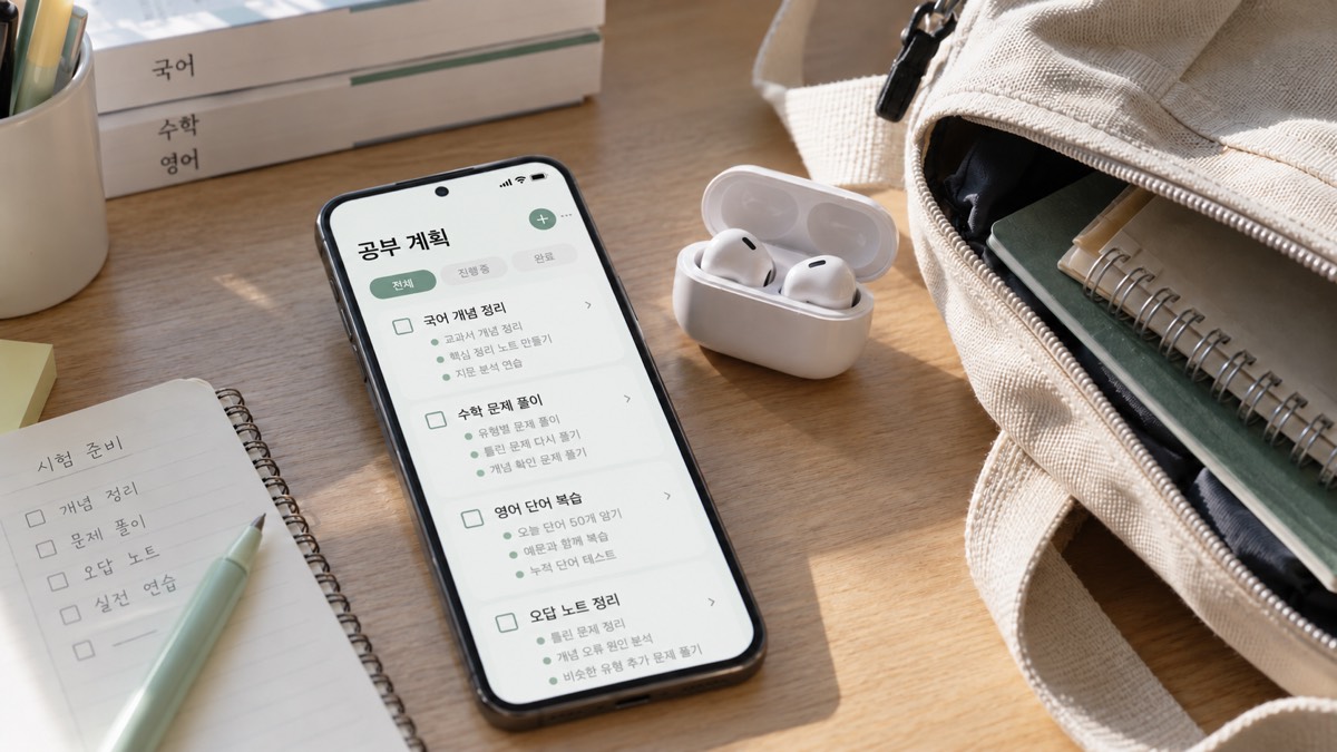 공부 계획이 켜진 휴대폰과 무선 이어폰을 가방 옆에 놓은 모습
